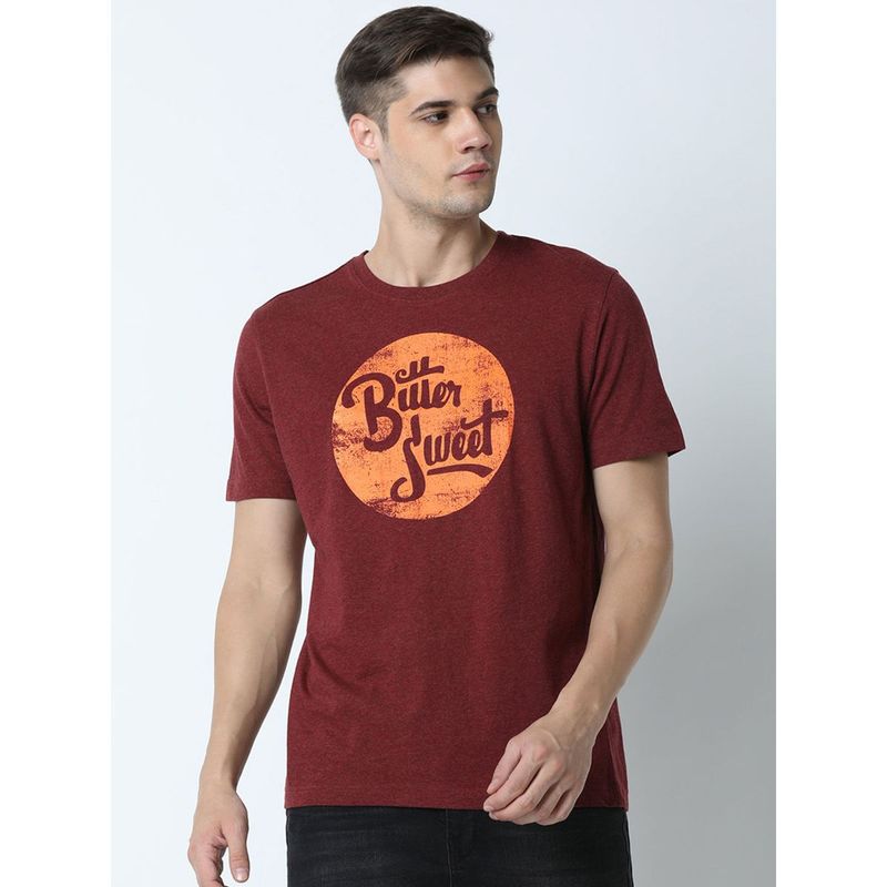 Huetrap Mens Printed Round Neck Maroon T-Shirt (S)
