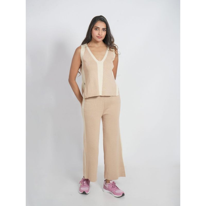 Ansee by Addery Beige V-Neck Sleeveless Top with Pant (Set of 2) (S)