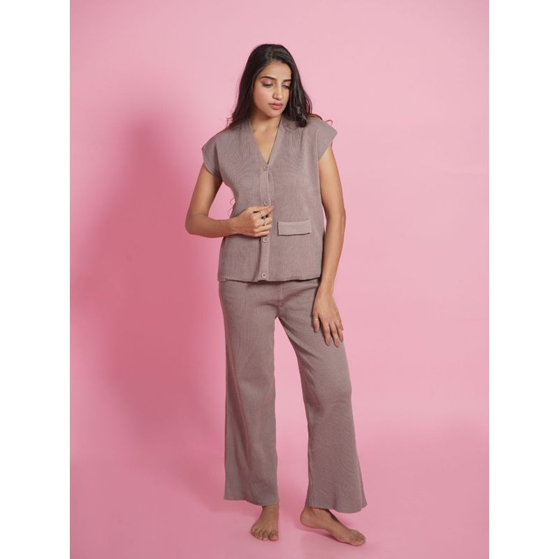 Ansee by Addery Brown V-Neck Loungewear Top with Pant (Set of 2) (S)