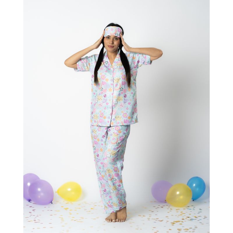 Bedgasm Sleepwear Dreamland Whimsy Shirt with Pyajama & Eye Mask Multi-Color (Set of 3) (S)