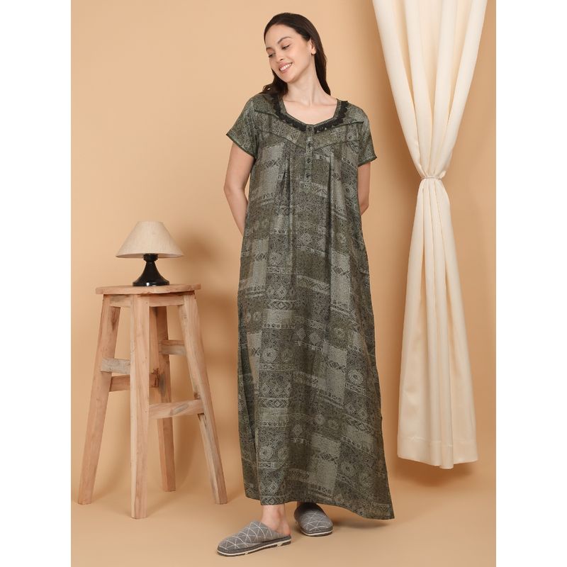 Sweet Dreams Women Printed Full Length Night Dress Green (XL)