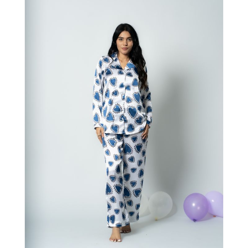 Bedgasm Sleepwear Heart Burst Satin Shirt with Pyajama & Eye Mask Blue (Set of 3) (S)