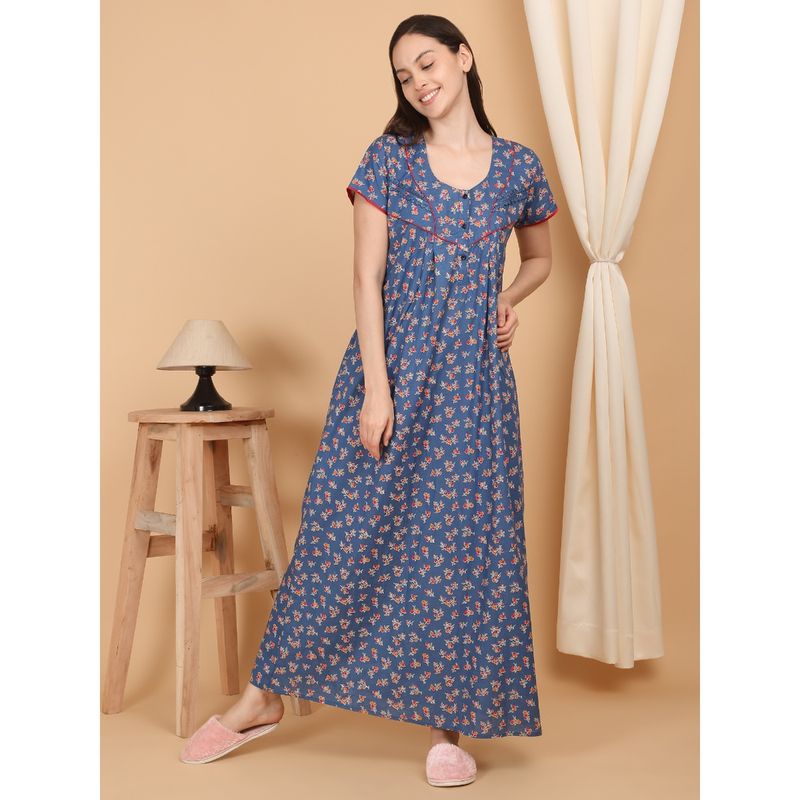 Sweet Dreams Women Printed Night Dress Navy Blue (L)