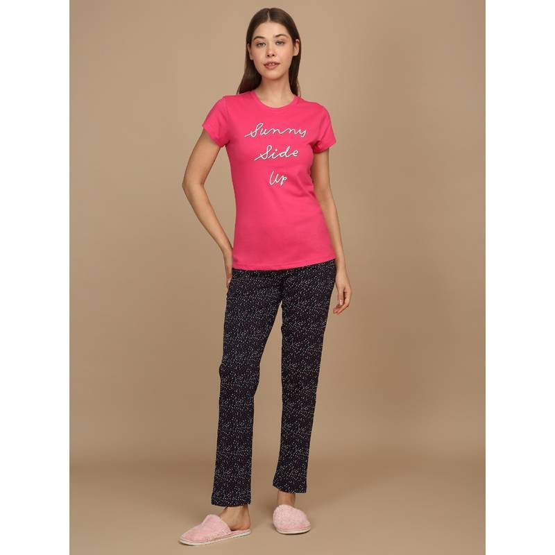 Sweet Dreams Women Printed Pyjama with Top Pink (Set of 2) (S)