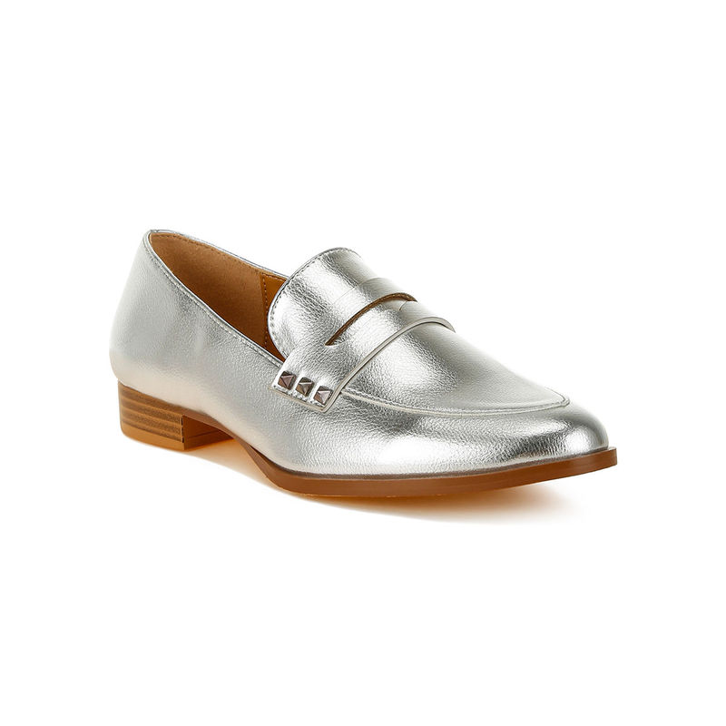 Rag & Co Silver Penny Strap Metallic Loafers (UK 3)