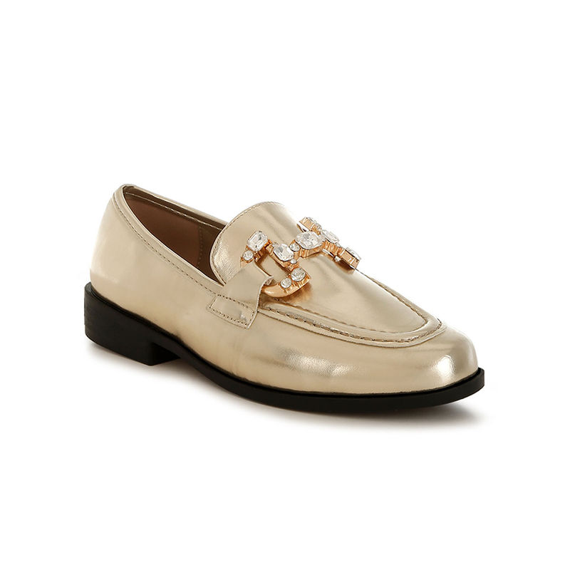 Rag & Co Gold Diamante Horse Bit Metallic Loafers (UK 3)