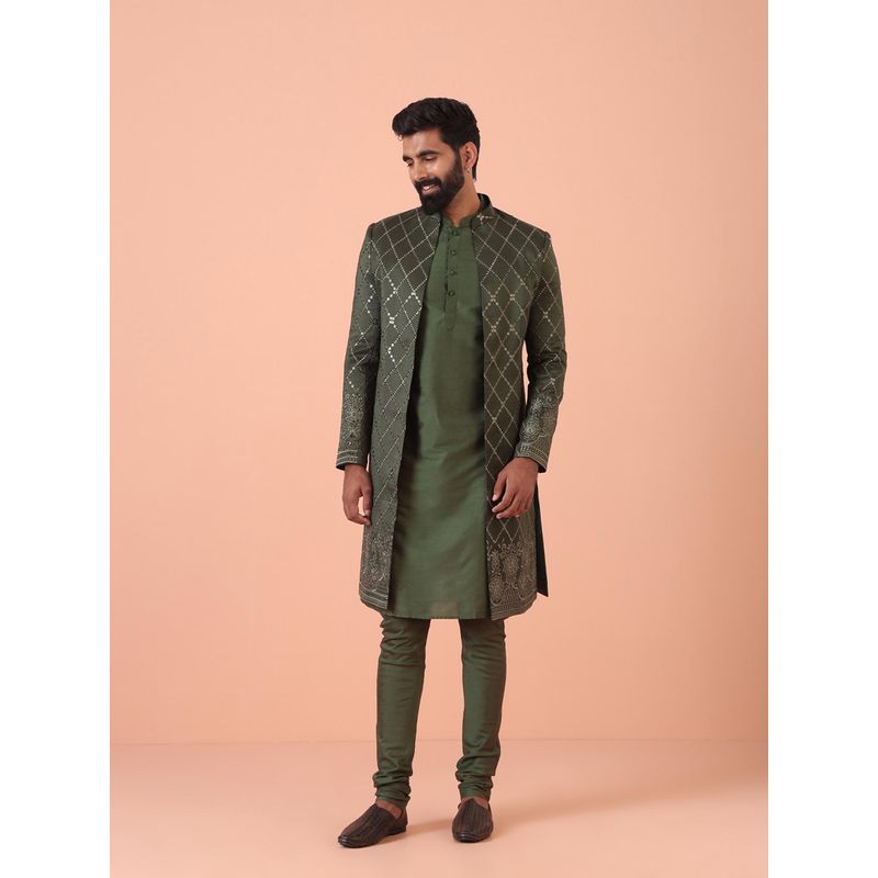 KISAH Olive Embellished Kurta with Sherwani and Churidar (Set of 3) (38)