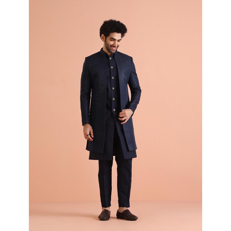 KISAH Navy Blue Long Jacket with Sherwani and Trouser (Set of 3) (38)
