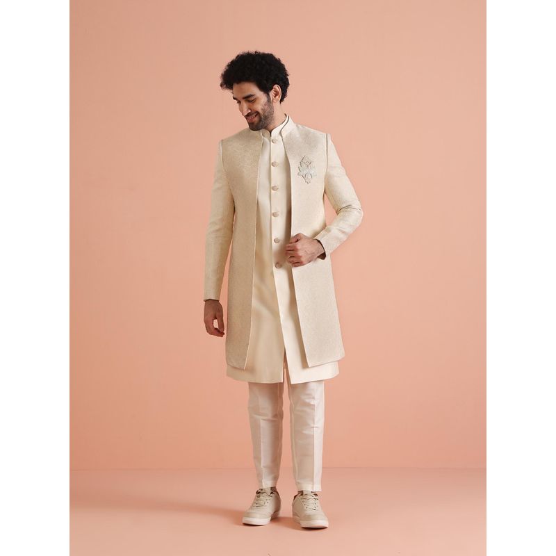 KISAH Off White Long Jacket with Sherwani and Trouser (Set of 3) (40)