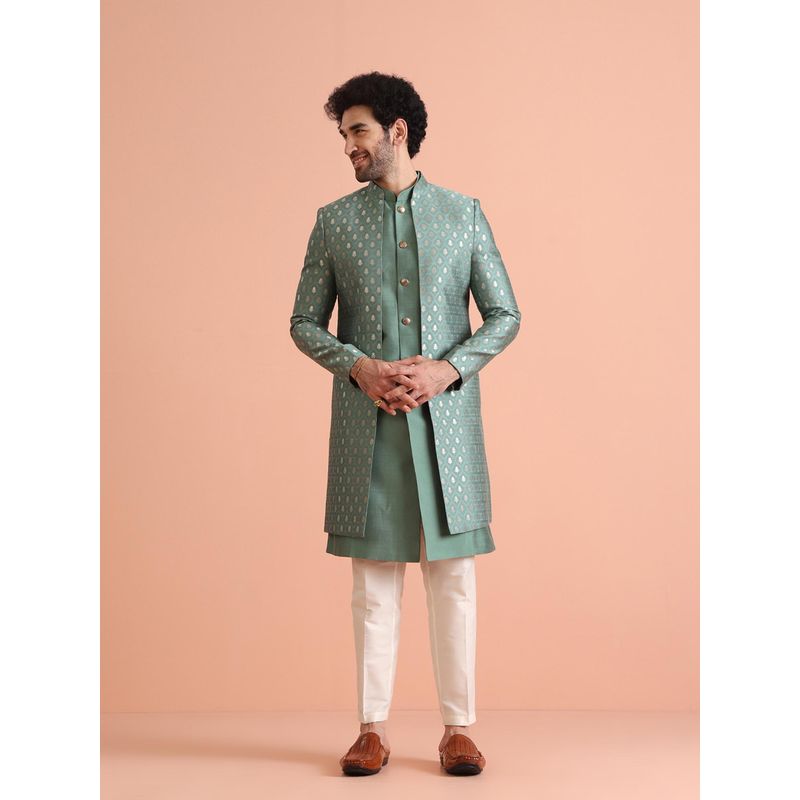 KISAH Sage Green Long Jacket with Sherwani and Trouser (Set of 3) (44)