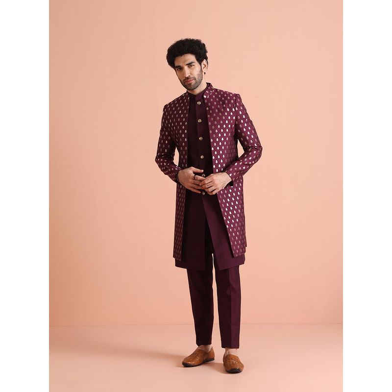 KISAH Wine Long Jacket with Sherwani and Trouser (Set of 3) (38)