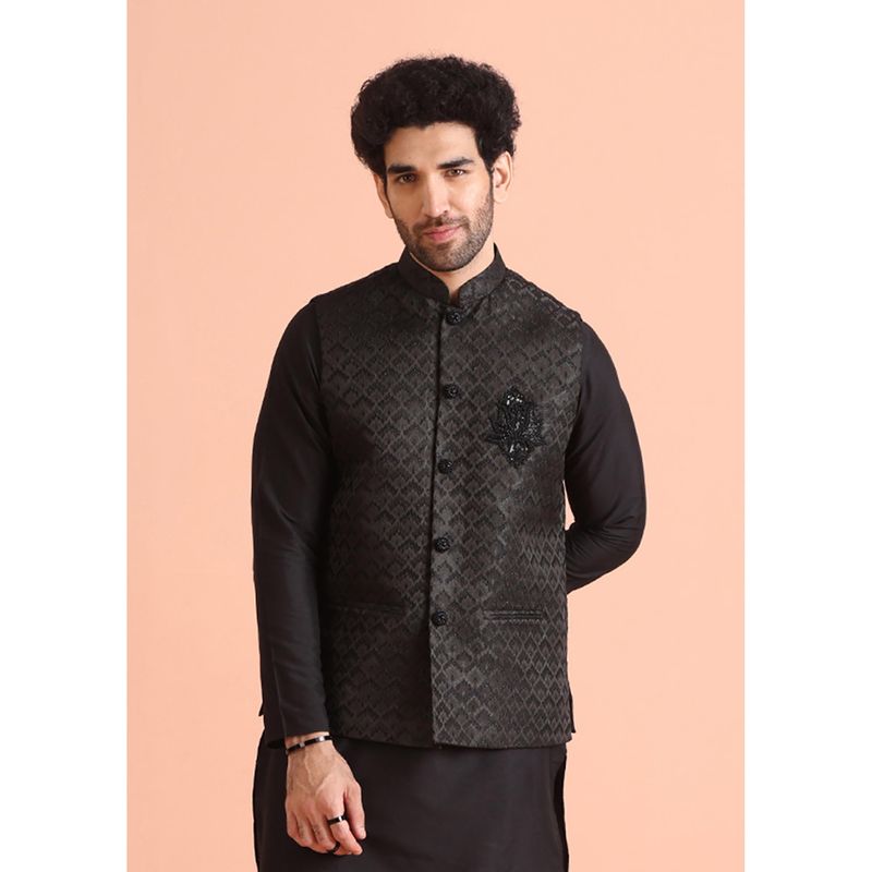 KISAH Black Embroidered Nehru Jacket (42)