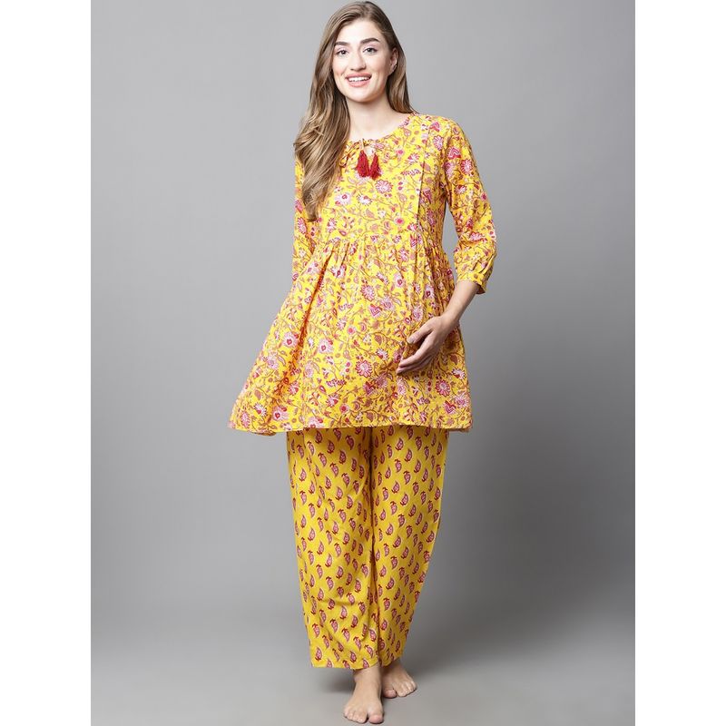 Secret Wish Yellow & Red Cotton Floral Maternity Night Suit (Set of 2) (L)