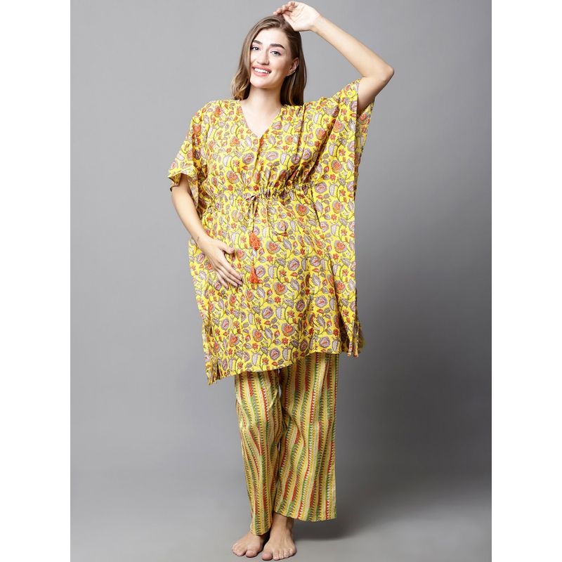 Secret Wish Yellow & Red Cotton Floral Maternity Night Suit (Set of 2) (XL)
