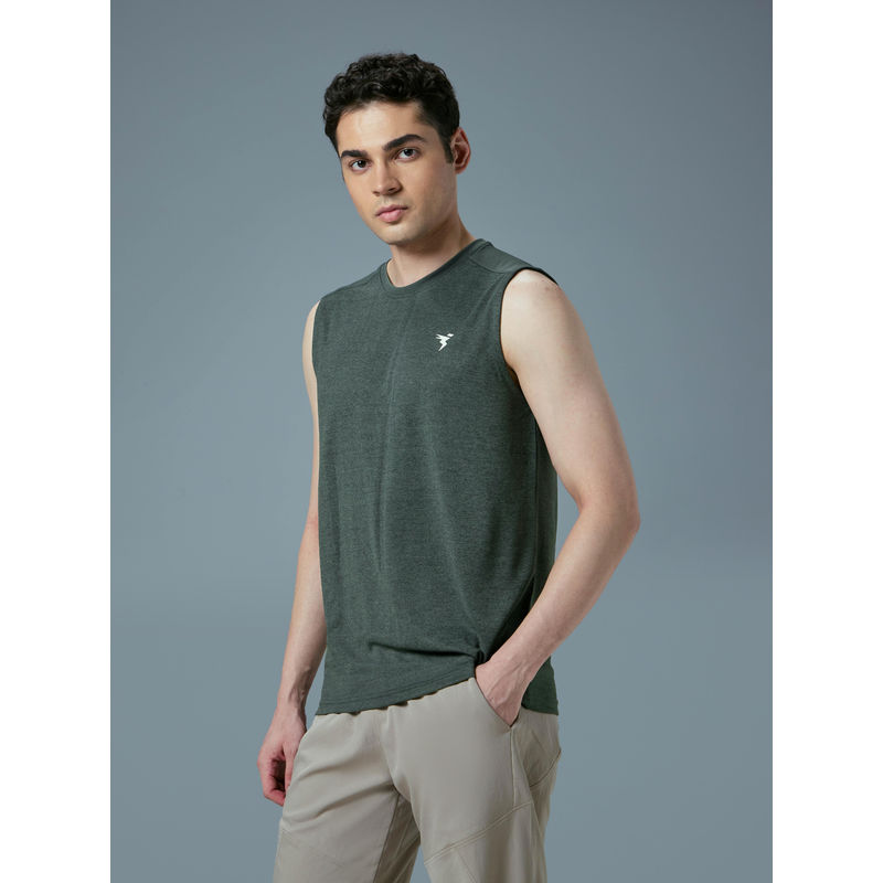 Technosport Men Olive Double Cool Slim Fit Round Neck Sports Tank (S)