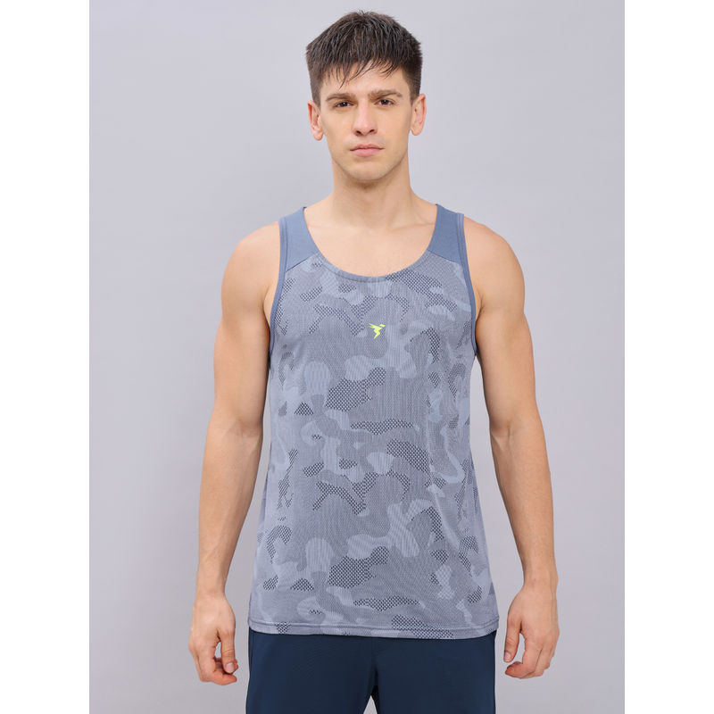 Technosport Men Navy Blue Ventmesh Self Design Slim Fit Round Neck Sports Tank (L)