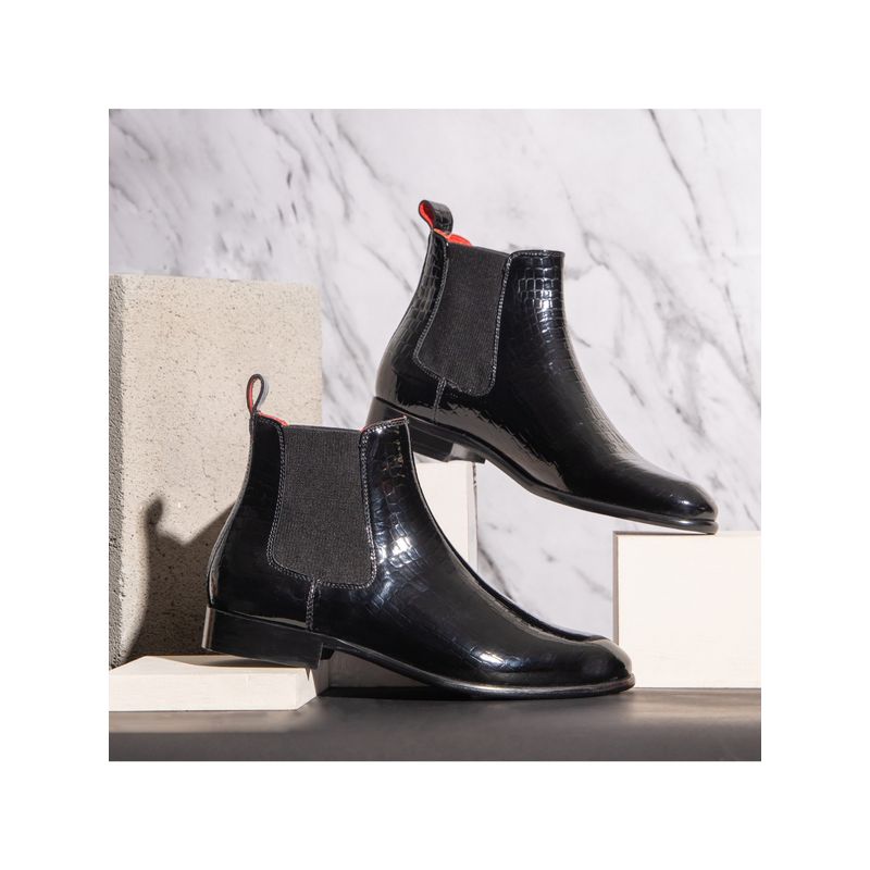 Saint G Eadred Black Croco Patent Shiny Leather Black Chelsea Boots (UK 6)