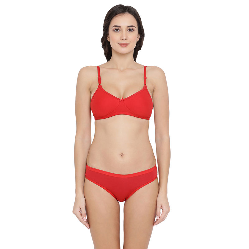 Clovia Cotton Rich Non-Padded Wirefree T-Shirt Bra & Low Waist Bikini Panty - Red (40B)