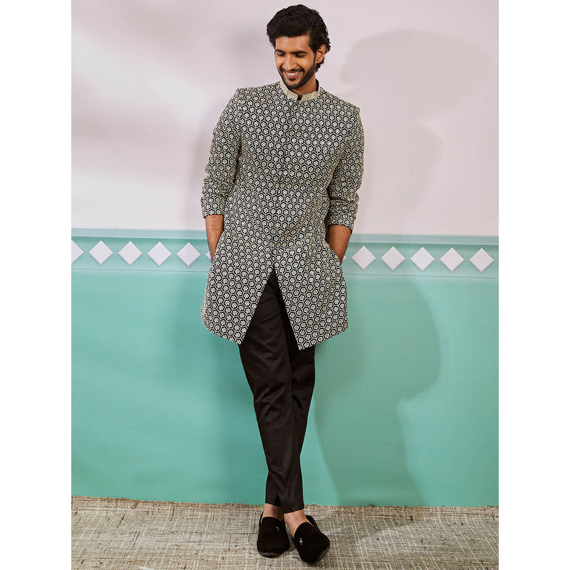 Vastramay Black Men's Rayon Embroidered Sherwani With Pant (Set of 2) (38)