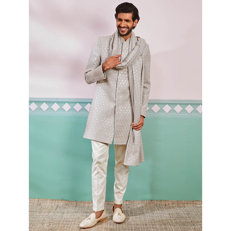 Vastramay Grey Men's Rayon Embroidered Sherwani And Pant Style Pyjama With Dupatta (Set of 3) (36)