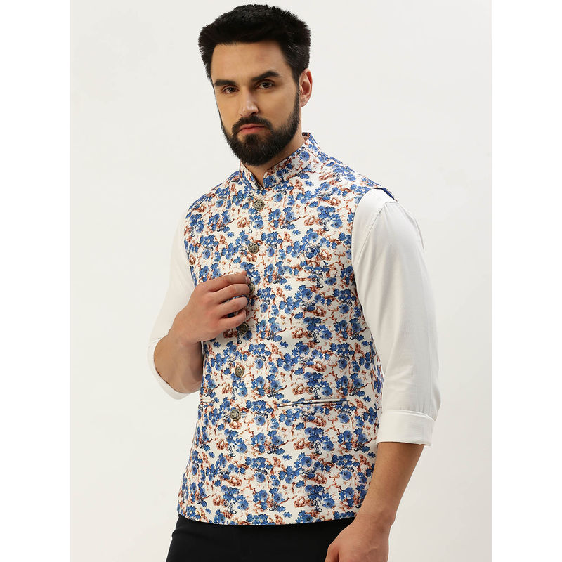 SHOWOFF Mens Printed Mandarin Collar Blue Slim Fit Nehru Jacket (S)