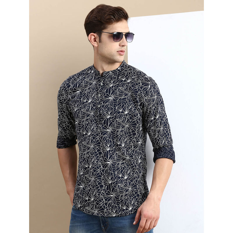 SHOWOFF Mens Mandarin Collar Above Knee Navy Blue Straight Kurta (M)