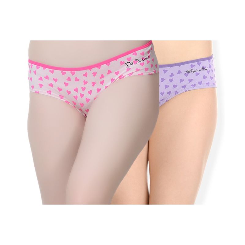 Da Intimo Set Of 2 Heart Print Cotton Panties - Purple & Pink (L)