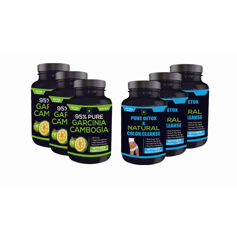 Nutravigour Pure Detox & Natural Colon Cleanse 60 Veg Capsules + Pure Garcinia Cambogia 95% (Hca) 60 Veg Capsules For Weight Loss - Pack Of 6