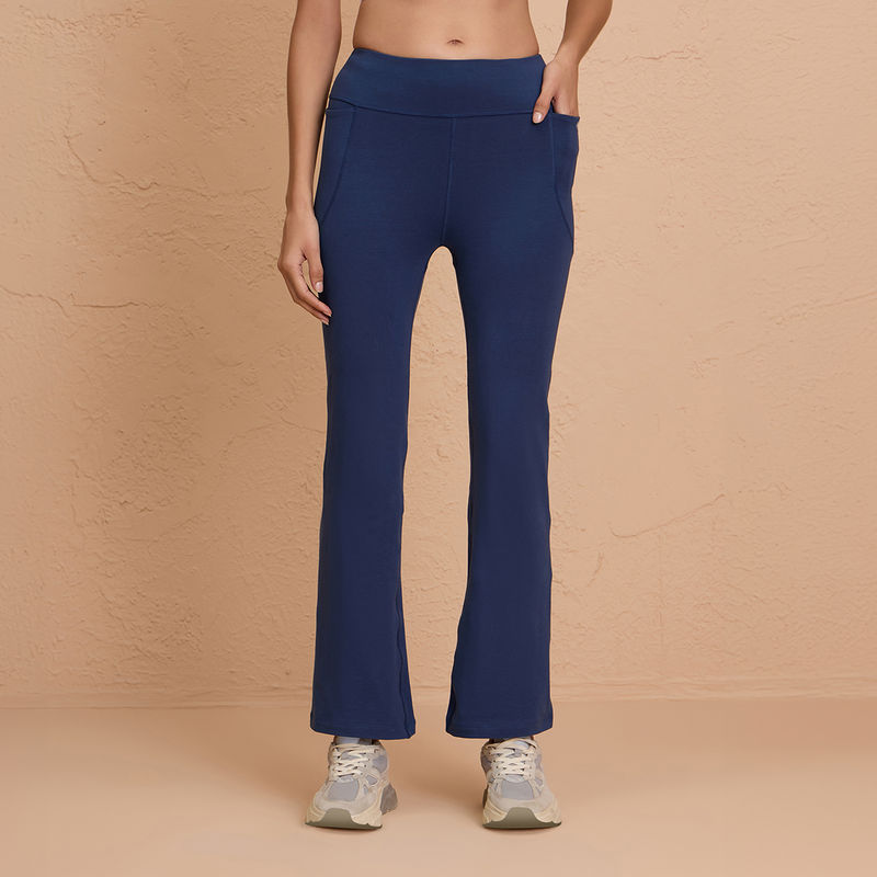 Ultimate Comfort Cotton Stretch Flare Leggings with Anti Slip Waist & Pockets NYAT503 Blue (L)
