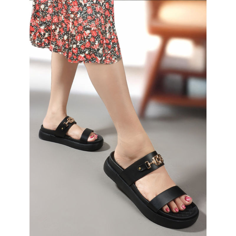 ELLE Black Color Women Slip-On Comfort Sandals (EURO 38)