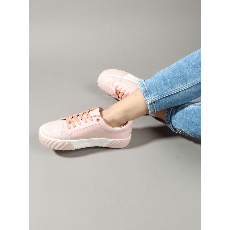 ELLE Nude Textured Lace-Ups Women Sneakers (EURO 36)