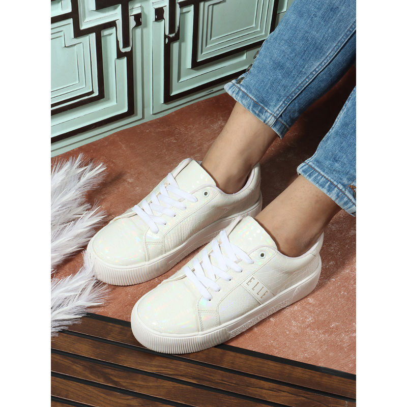 ELLE White Textured Lace-Ups Women Sneakers (EURO 39)