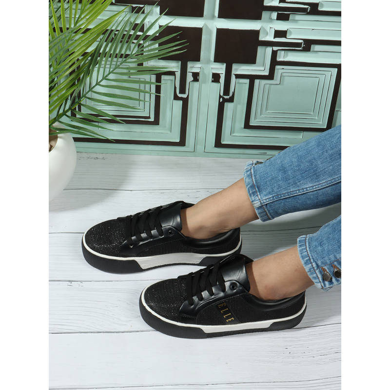 ELLE Black Textured Lace-Ups Women Sneakers (EURO 36)