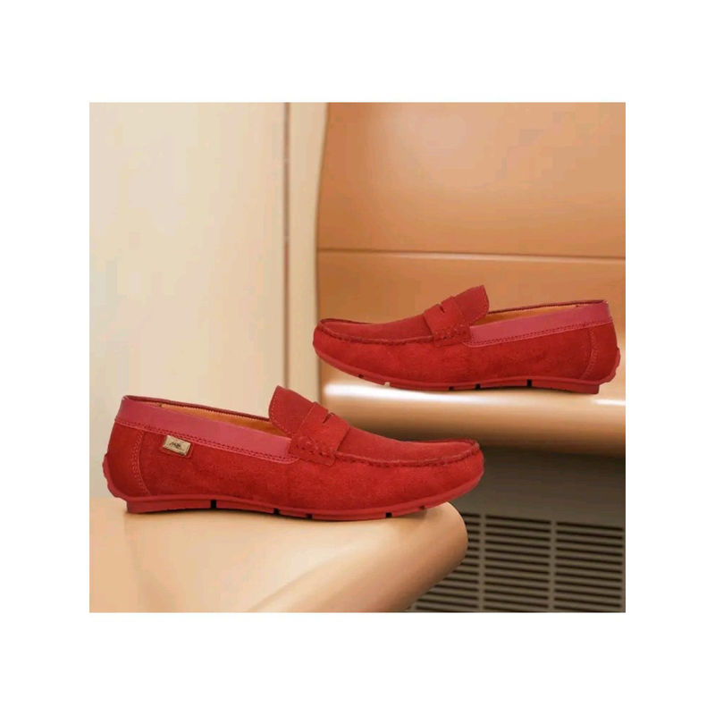 Hitz Men's Red Leather Slip-On Casual Loafer Shoes (UK 8)