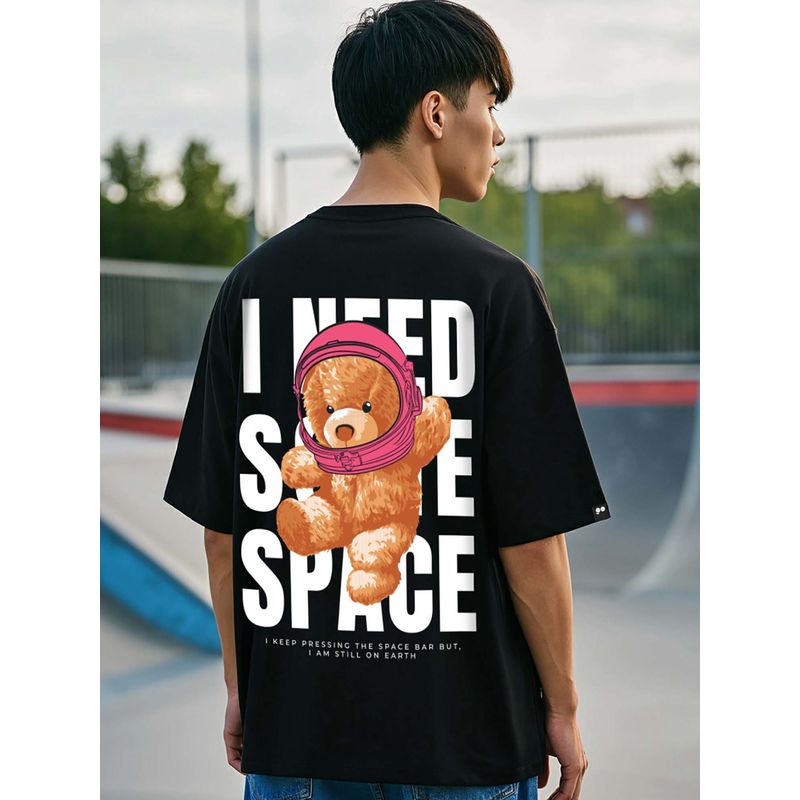 Bewakoof Men's Black I Need Some Space Teddy Graphic Printed Oversized T-shirt (S)