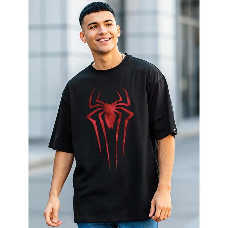 Bewakoof Official Marvel Men's Black Spider Blend Graphic Printed Oversized T-shirt (M)