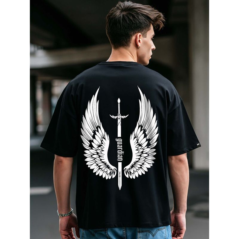 Bewakoof Men's Black Guardian Wings Graphic Printed Oversized T-shirt (M)