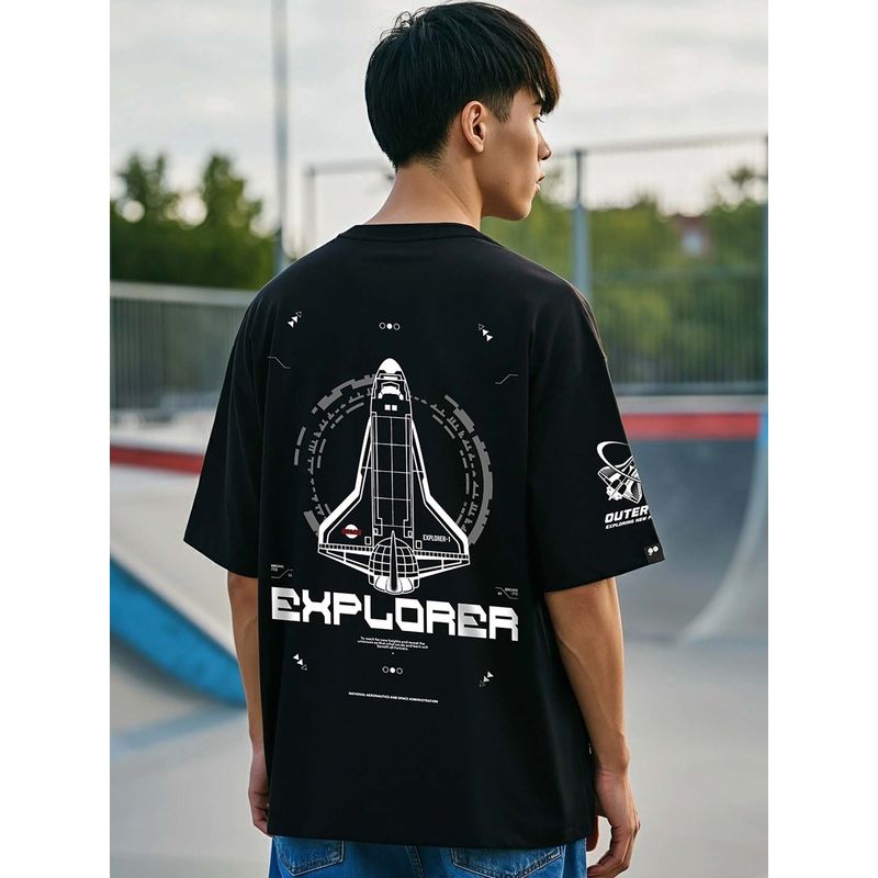 Bewakoof Men's Black Explorer NASA Graphic Printed Oversized T-shirt (M)
