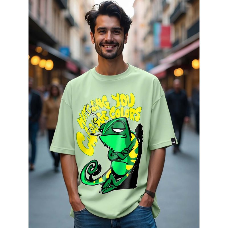 Bewakoof Men's Green Watching You Change Colours Graphic Printed Oversized T-shirt (S)