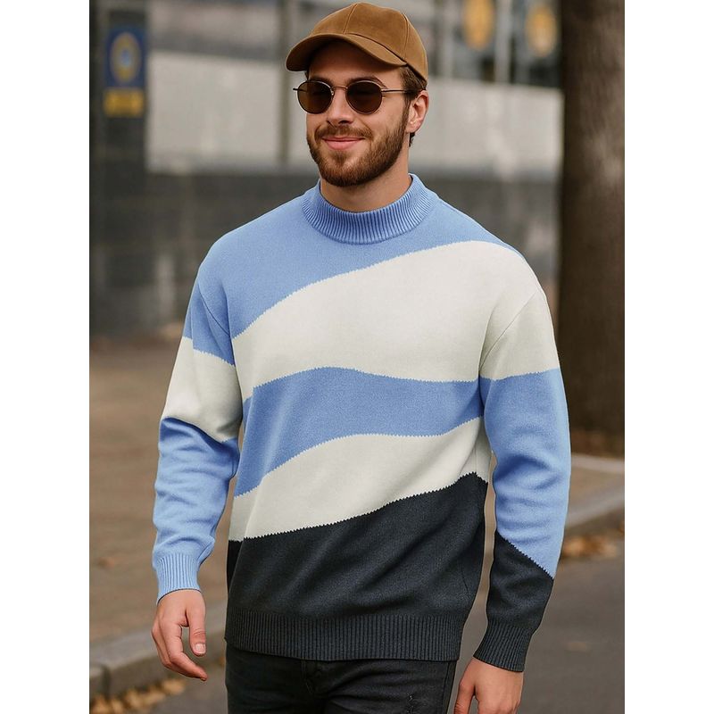 Bewakoof Men's Blue & White Color Block Oversized Flat Knit Sweater (XL)