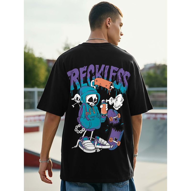 Bewakoof Men's Black Reckless Graphic Printed Oversized T-shirt (L)