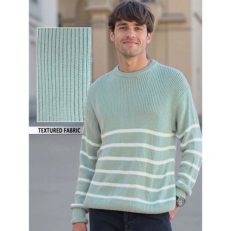 Bewakoof Men's Green & White Striped Super Loose Fit Sweater (XL)