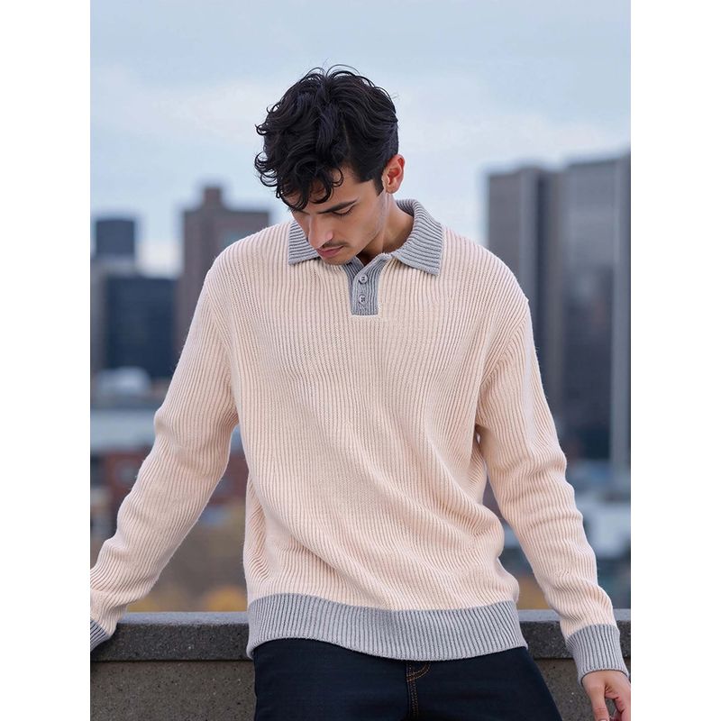 Bewakoof Men's Beige Oversized Textured Sweater (XL)