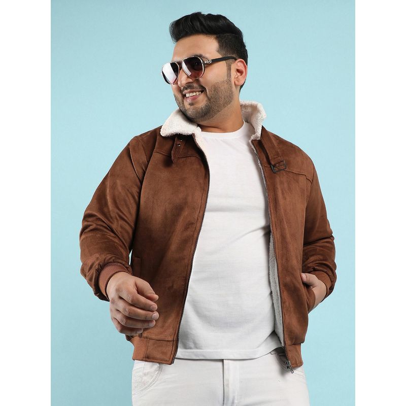 Instafab Plus Men's Brown Zip-Front Jacket with Fleece Detail (6XL)
