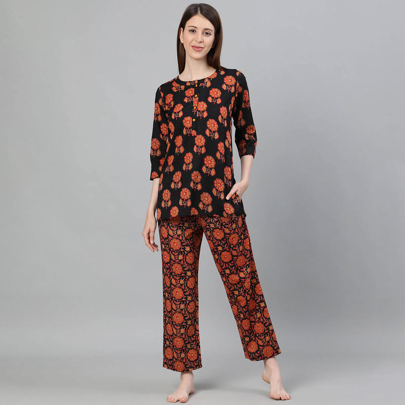 Jaipur Kurti Women Black Ethnic Print Straight Cotton Short Kurta With Pyjamas (Set Of 3) (L)
