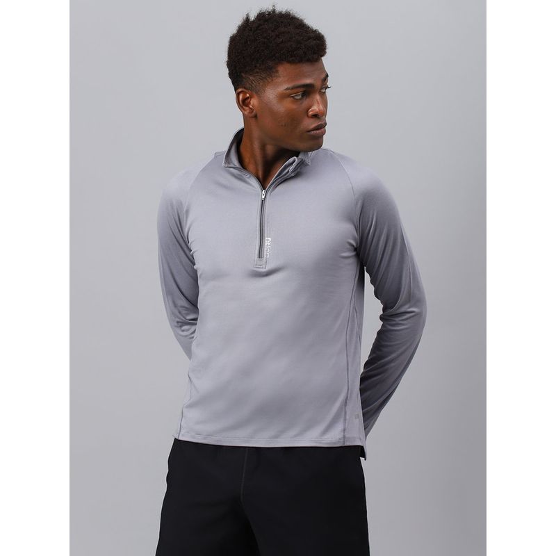 Fitkin Men Grey High Neck Front Zipper Full Sleeves T-Shirt (S)