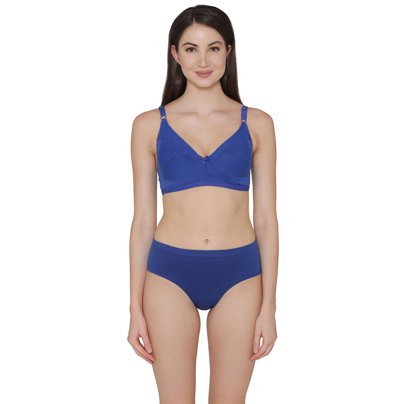 Clovia Cotton Non-Padded Non-Wired Full Cup Bra & Mid Waist Hipster Panty - Blue (40B)