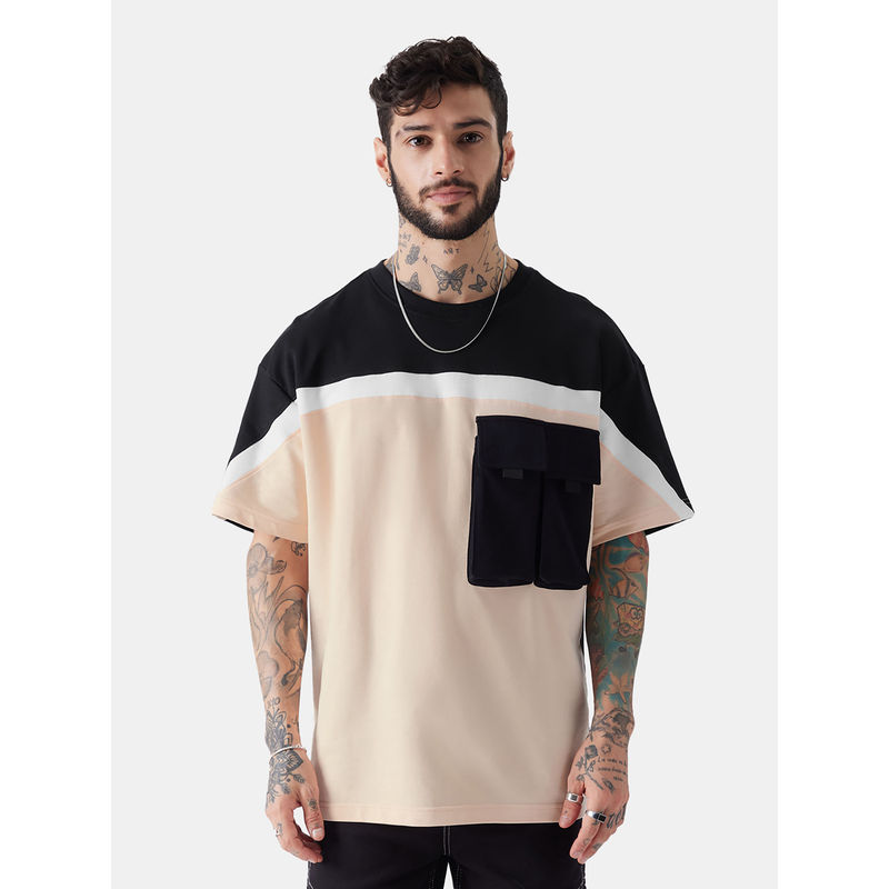 The Souled Store Solids Peach & Black (Utility) Oversized T-Shirts For Men (M)