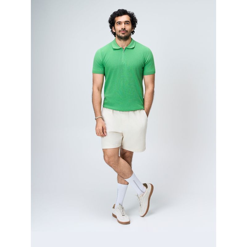 House of Namah Grass Green Honeycomb Pure Cotton Z-Polo T-shirt (S)