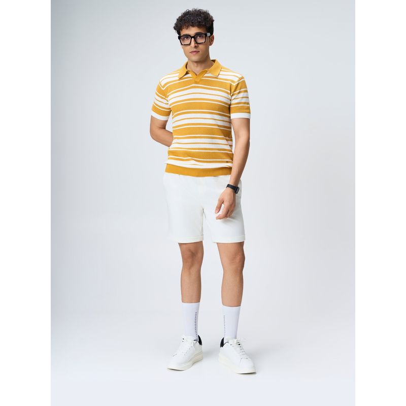 House of Namah Mustard Mesh Stripe Pure Cotton V-Polo T-shirt (S)